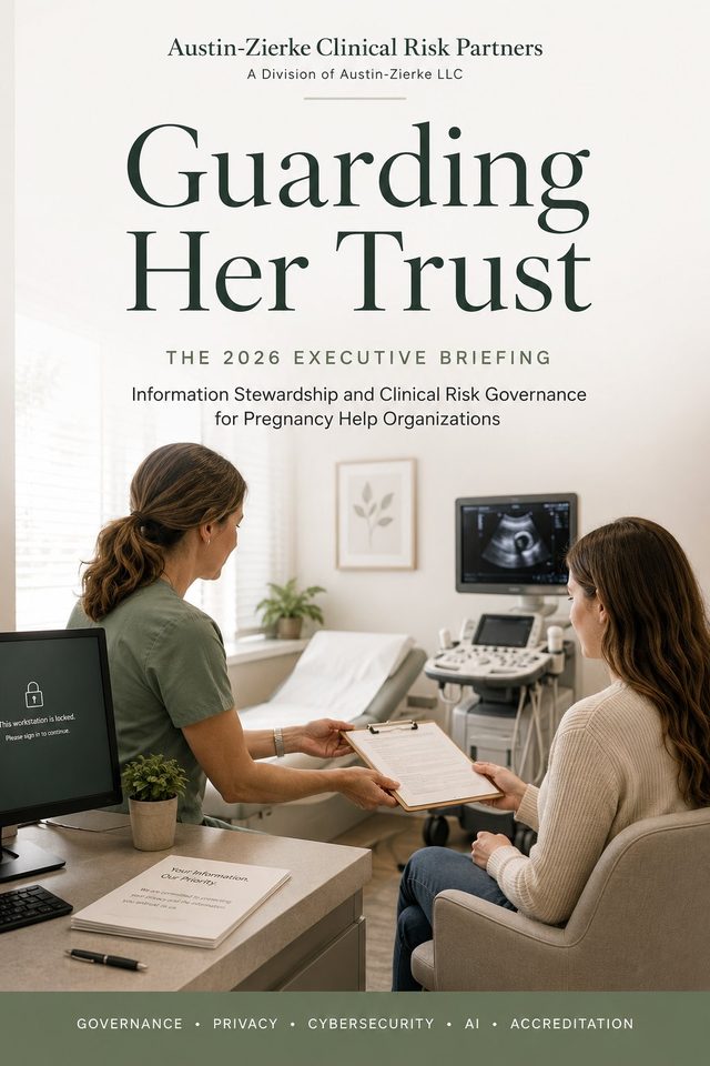 Cover of Guarding Her Trust: The 2026 Executive Briefing &mdash; a nurse hands a clipboard to a young woman in a warm clinic exam room